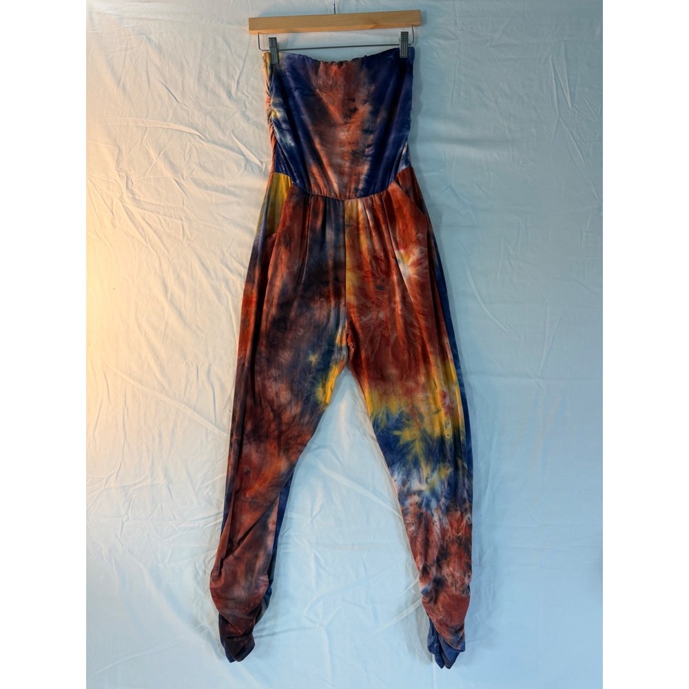 Women's strapless boho gypsy festival tie dye jumpsuit sz L comfort stretch